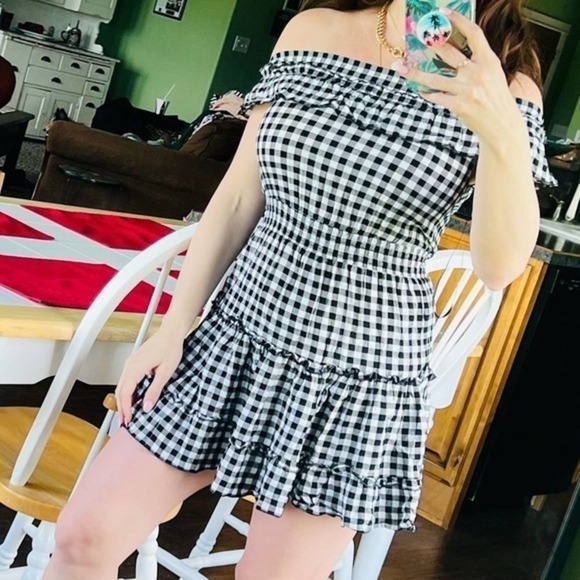 Majorelle off the shoulder black & white ruffle plaid checkers mini dress XS